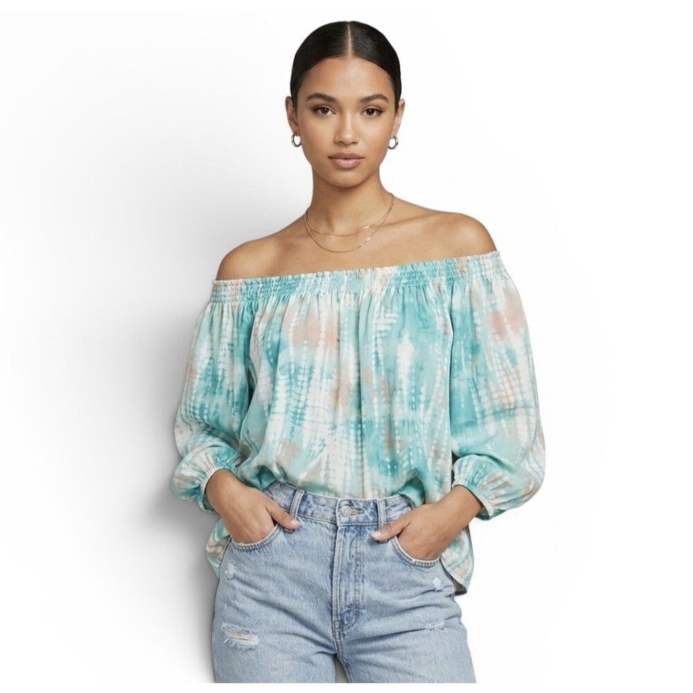 NWT Ariella Teal Peach Reflections Print Tie Front Off The Shoulder Top Small S